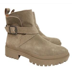 LUCKY BRAND Boots Size‎ 7.5 Beige Elyton Suede Zip Buckle  Chunky Lug Sole